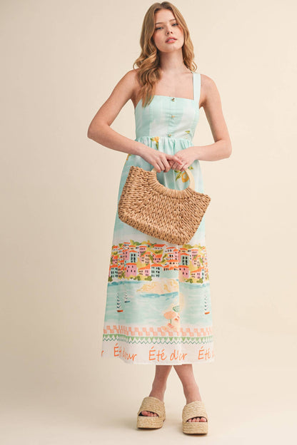 LETS GETAWAY LANDSCAPE PRINT BOW TYING MIDI DRESS BLUE