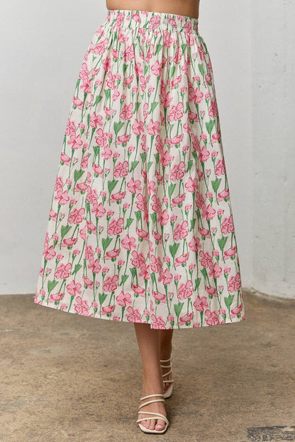 Ditsy Floral High-Waisted A-Line Midi Skirt Top Pink