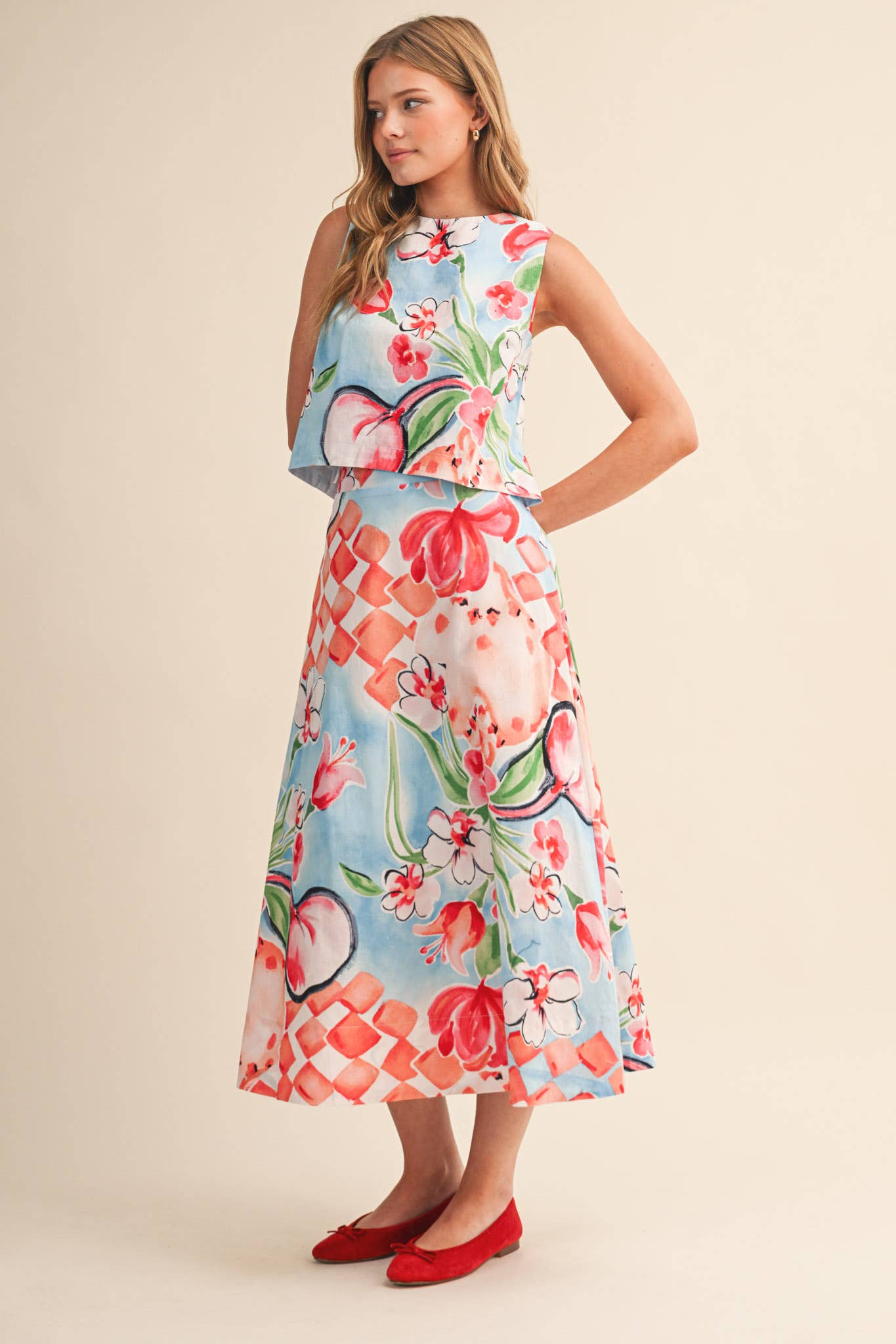 FLORAL PRINT CROP TANK AND MIDI SKIRT SET - MULTIPLE COLORS