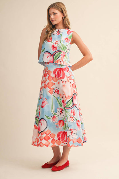 FLORAL PRINT CROP TANK AND MIDI SKIRT SET - MULTIPLE COLORS
