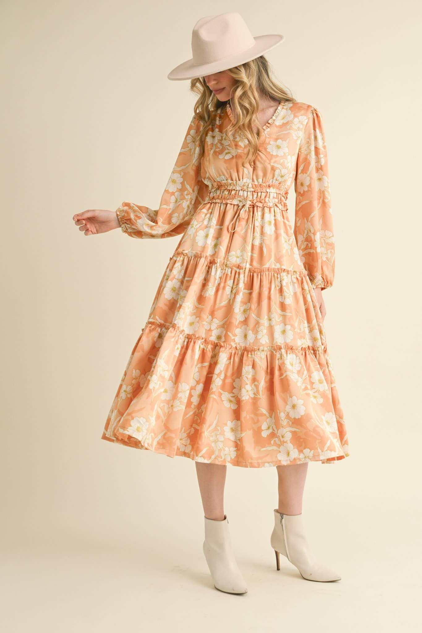 EXCLUSIVE PRINT RUFFLE TRIM FLORAL MIDI DRESS Silver Champagne