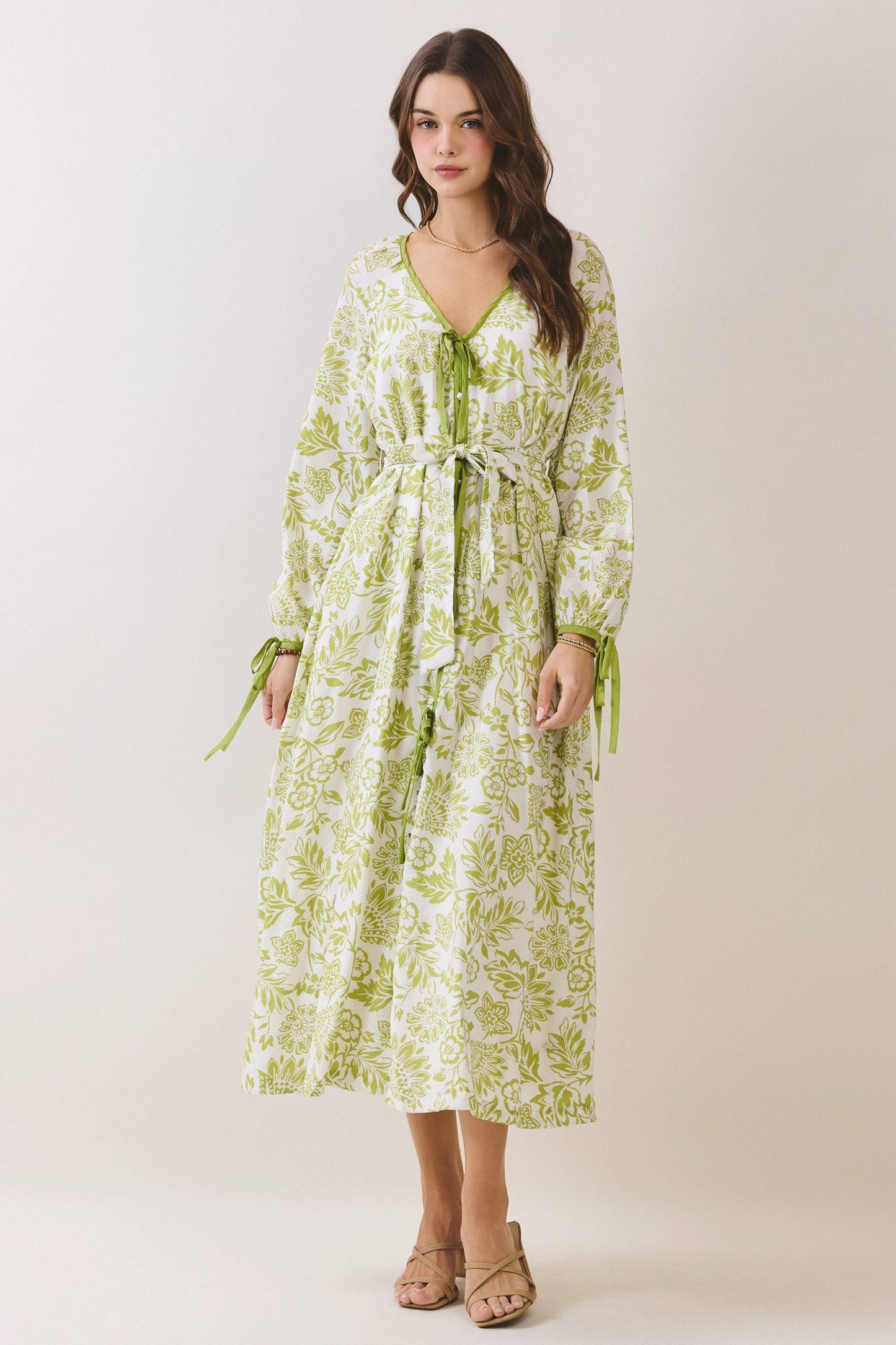 Floral Tie Front Button Placket Down Midi Dress