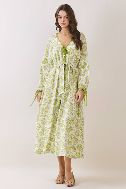 Floral Tie Front Button Placket Down Midi Dress