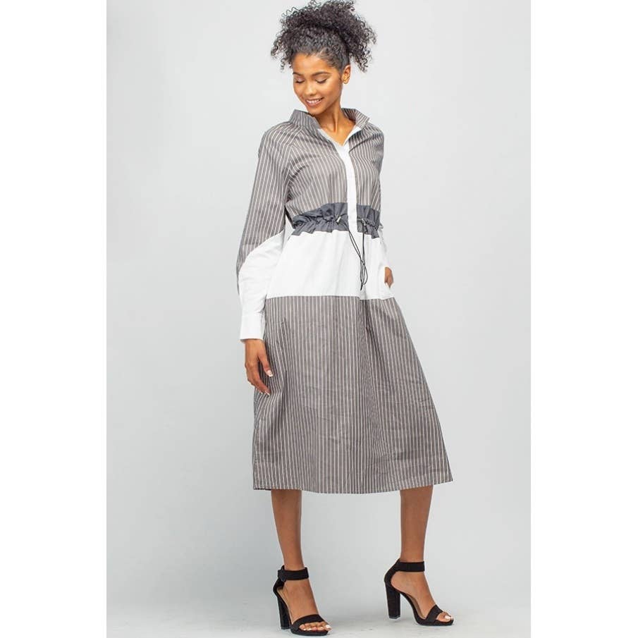 Pattern Blocked Dress with Drawstring