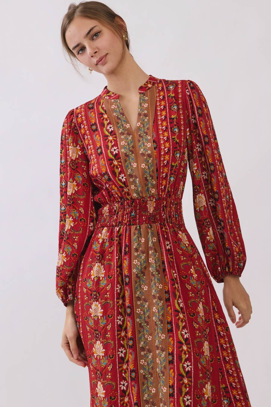 Red Multi Color V Neck Floral Border Print Tiered Midi Dress