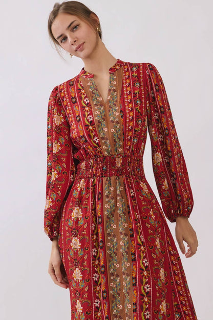 Red Multi Color V Neck Floral Border Print Tiered Midi Dress