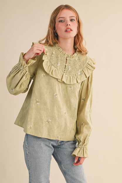 RUFFLED SMOCKED YOKE EMBROIDERED BLOUSE Multiple Color - PRE ORDER