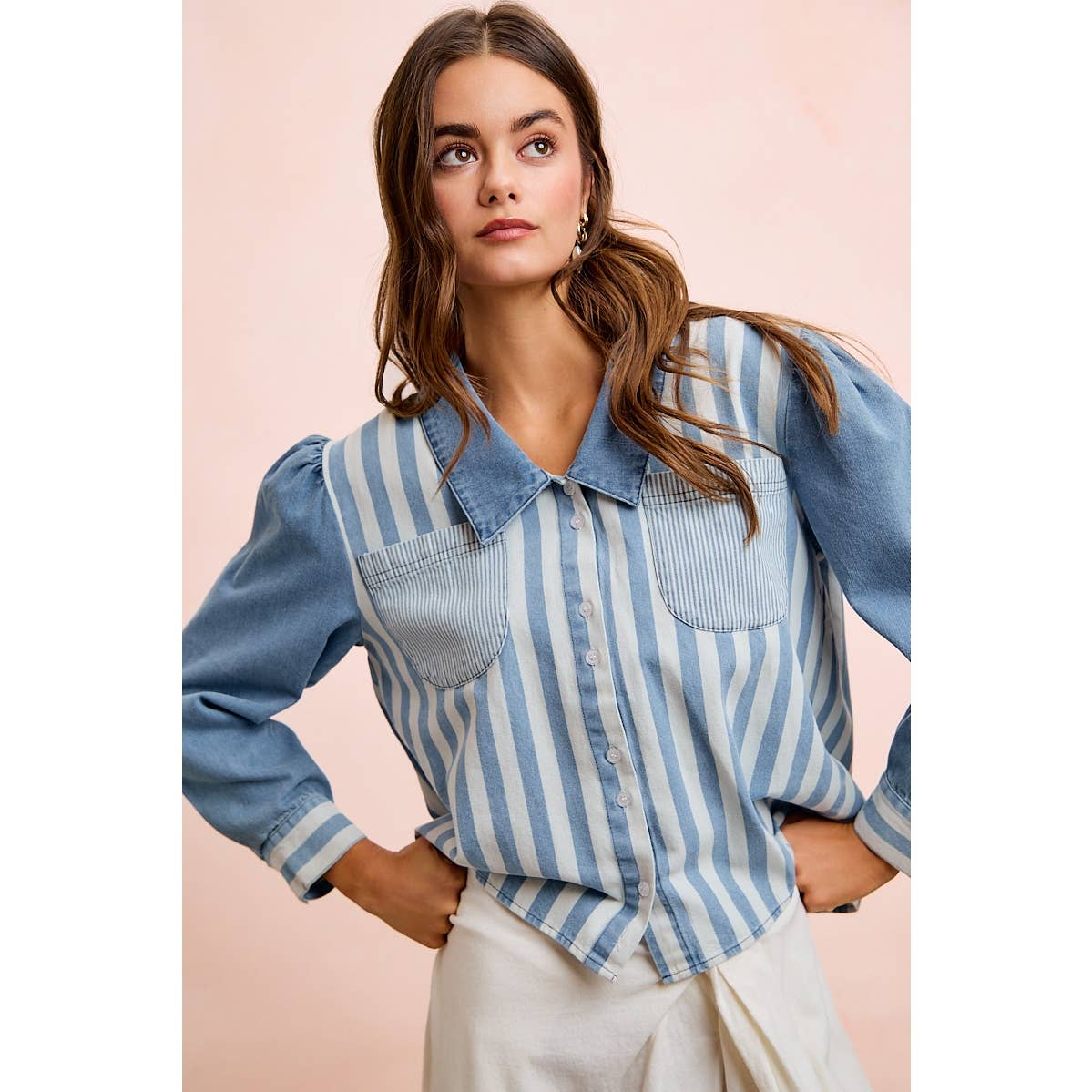 WASHED MULTI STRIPED DENIM BUTTONED SHACKET TOP