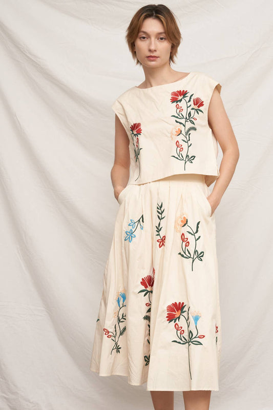 Floral Embroidered Midi Skirt & Top Set