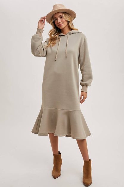 FLOUNCE HEM HOODIE SWEATSHIRT MIDI DRESS