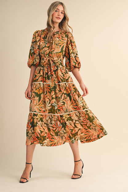 EXCLUSIVE PRINT BUBBLE SLV TIERED MIDI DRESS GREEN FLORAL LEAF TIE