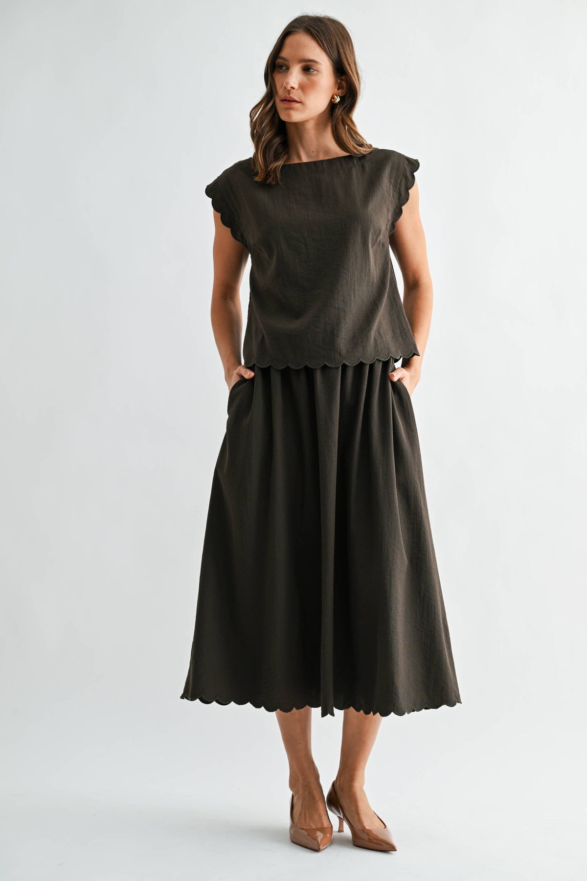 OLIVE GREEN SCALLOP EDGE MAXI TOP SKIRT SET