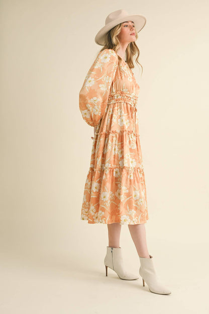 EXCLUSIVE PRINT RUFFLE TRIM FLORAL MIDI DRESS Silver Champagne