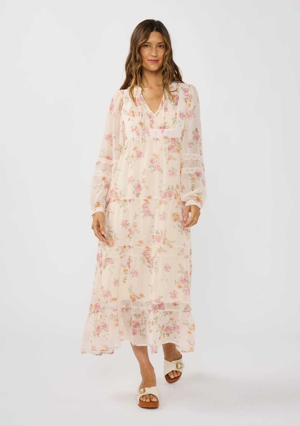 Pink Floral Lace Front Flowy Midi Dress