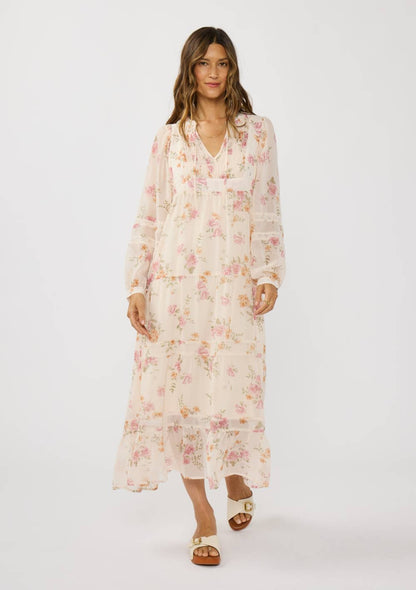Pink Floral Lace Front Flowy Midi Dress