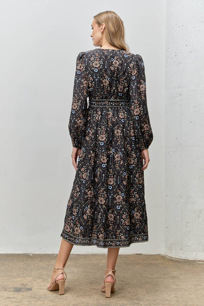 PRINTED FLORAL V-NECK MIDI DRESS