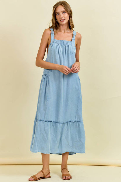 TENCEL MAXI OVERALL DRESS WITH TIERED RUFFLE