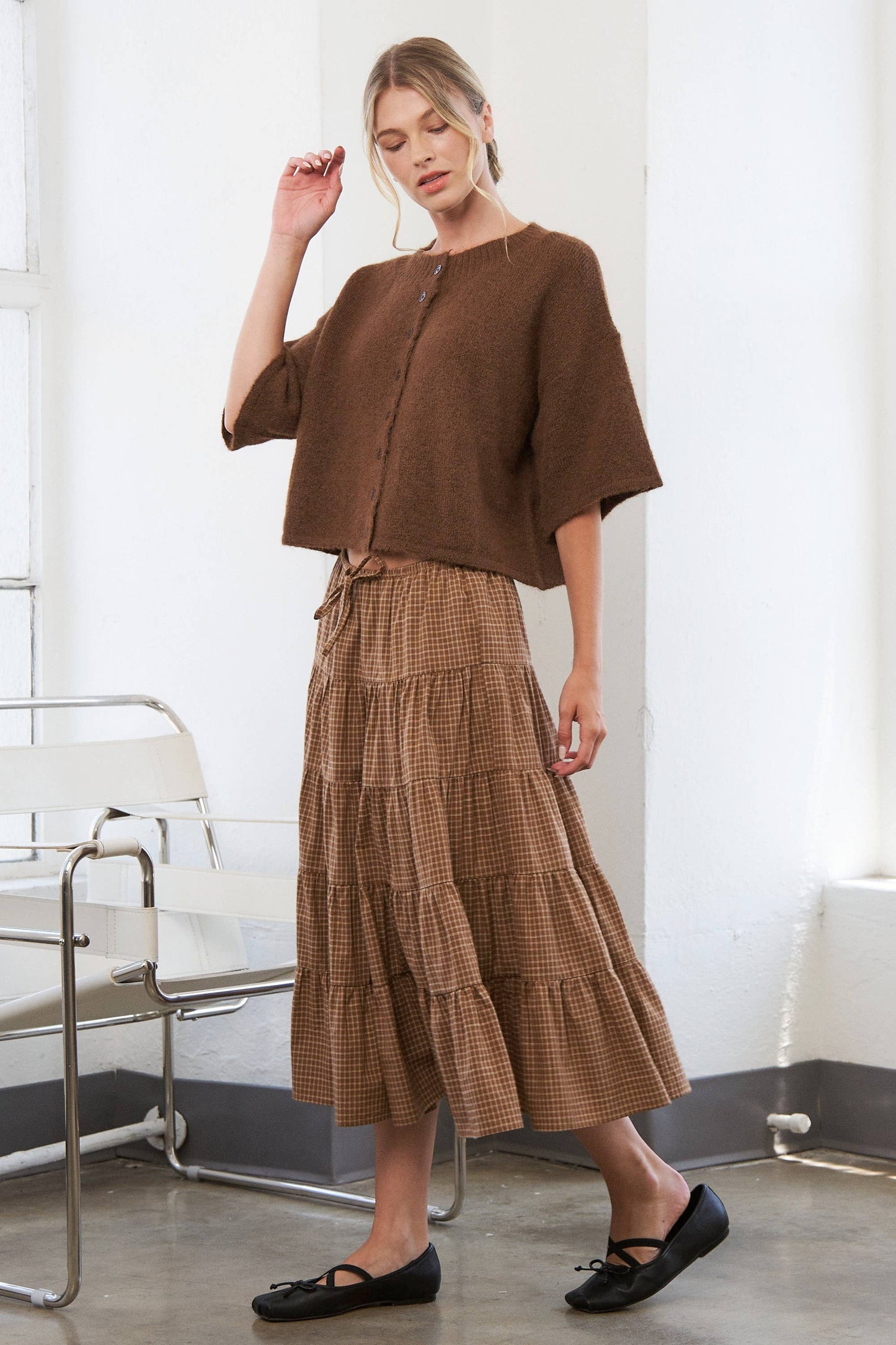 Caramel Gingham Elastic Waistband Skirt - Multiple Colors