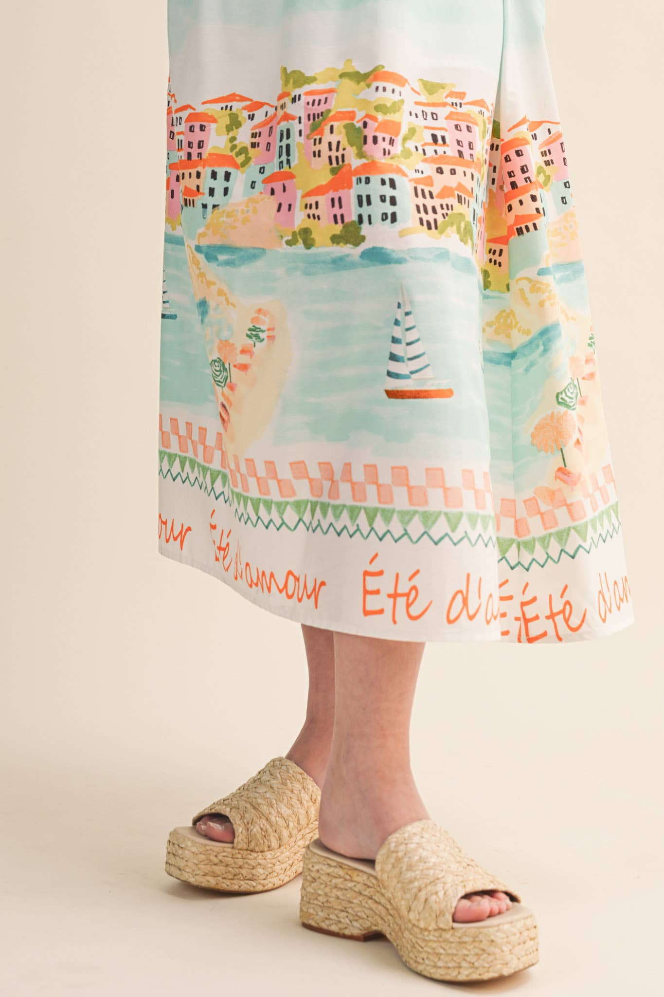 LETS GETAWAY LANDSCAPE PRINT BOW TYING MIDI DRESS BLUE