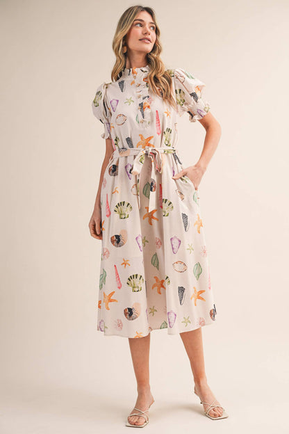 SEASHELL PRINT RUFFLE COLLAR BELTED MIDI DRESS