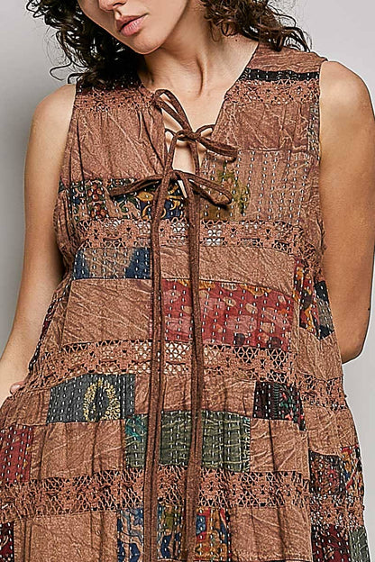V-neck Lace Trim Patchwork Boho Sleeveless Roomy Pol Fit Dress