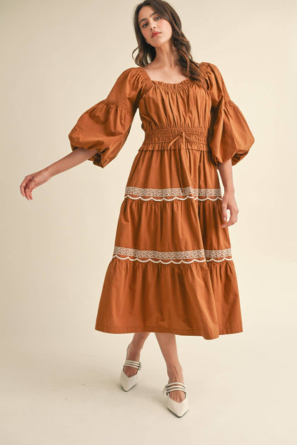 EMBROIDERED LACE TRIM MIDI DRESS RUST