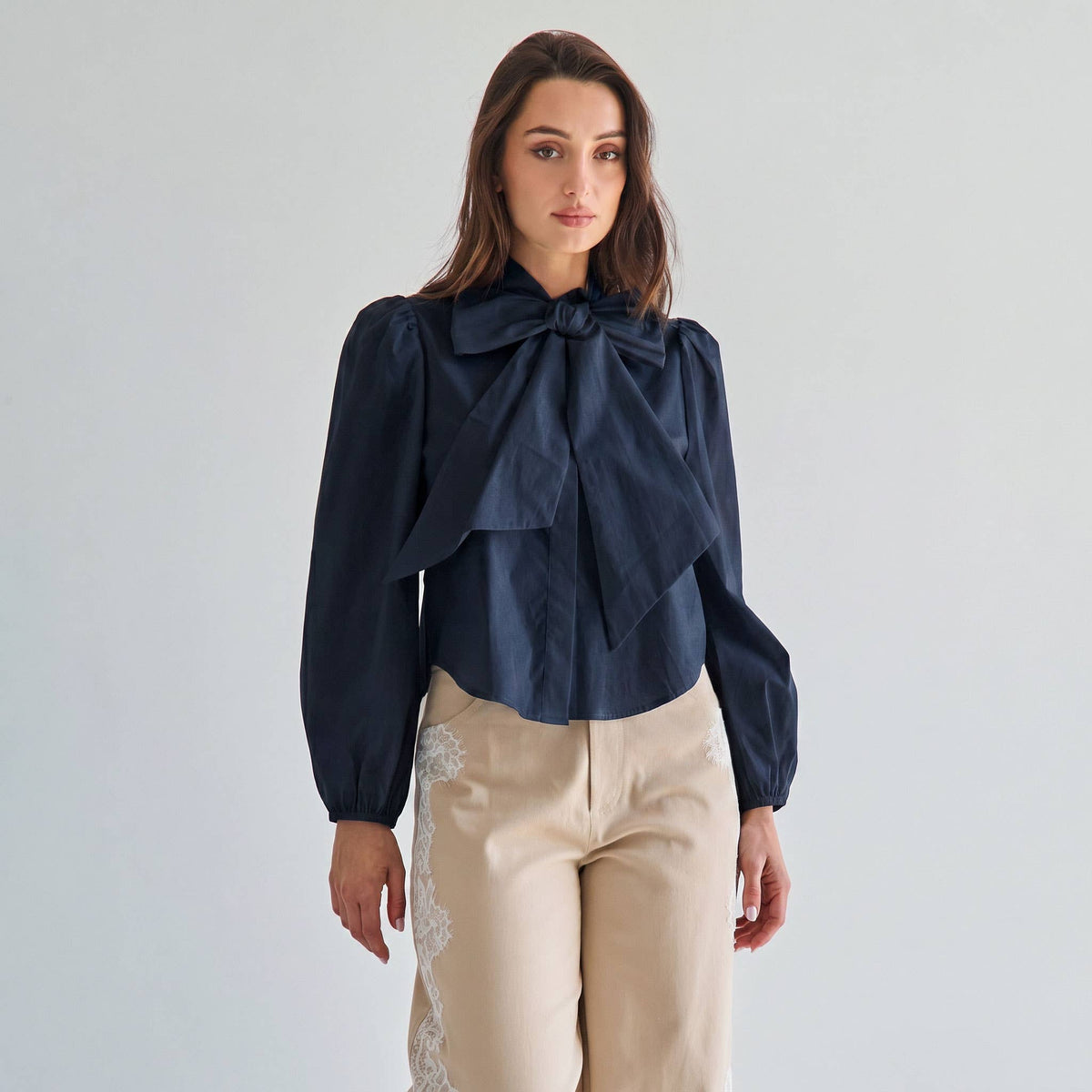Deep Navy Blue Bow Tie neck blouse