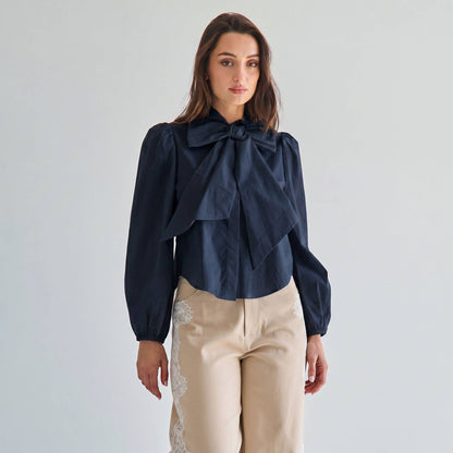 Deep Navy Blue Bow Tie neck blouse