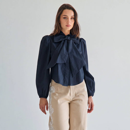 Deep Navy Blue Bow Tie neck blouse