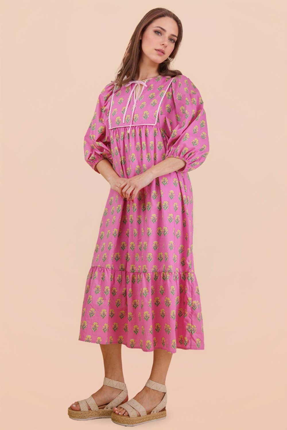 Printed Half Sleeve Tie Front Floral Midi Dress Pink Blue – Charles & Co. Modern Essentials