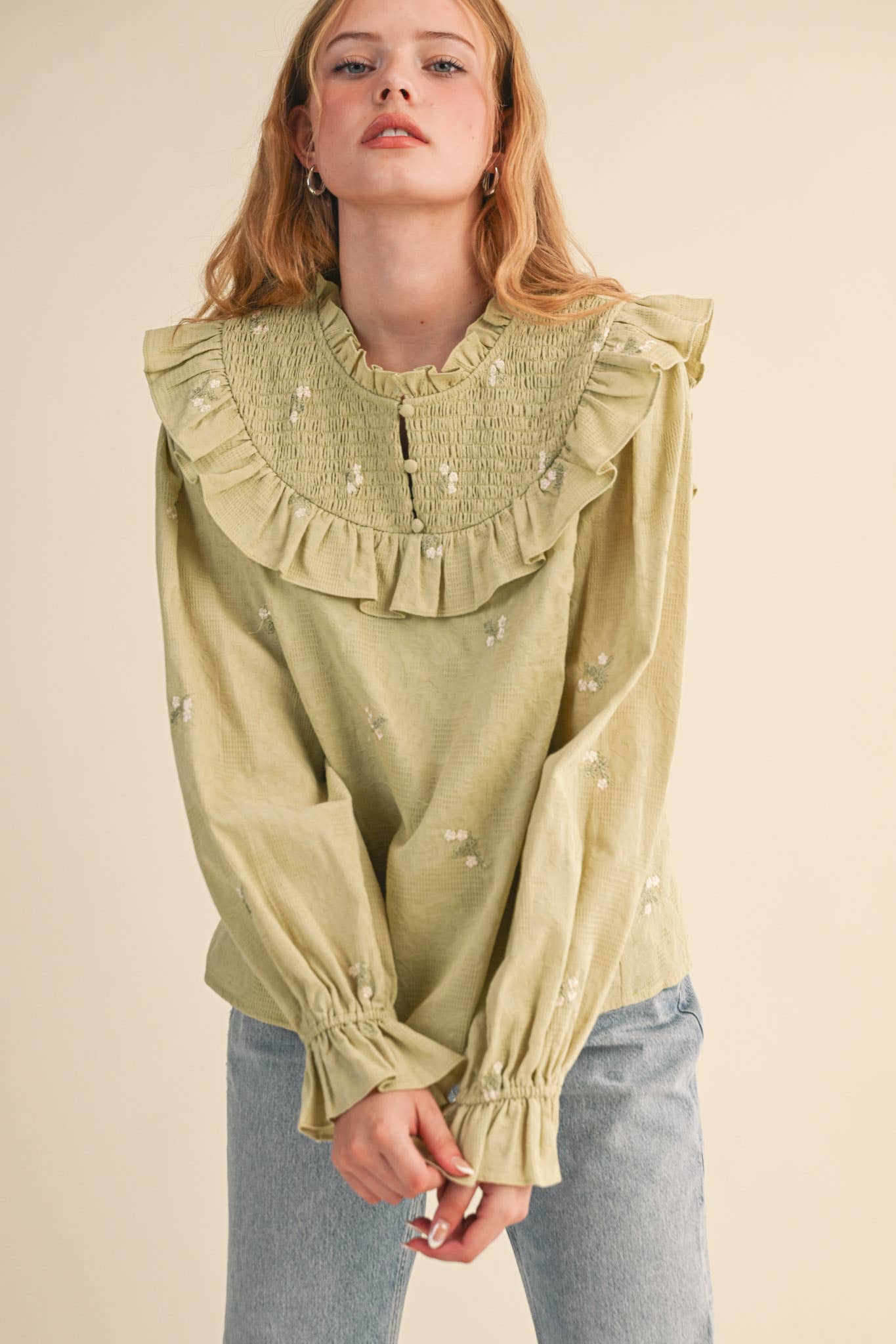 RUFFLED SMOCKED YOKE EMBROIDERED BLOUSE Multiple Color - PRE ORDER