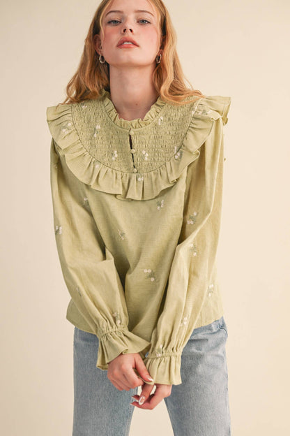RUFFLED SMOCKED YOKE EMBROIDERED BLOUSE Multiple Color - PRE ORDER