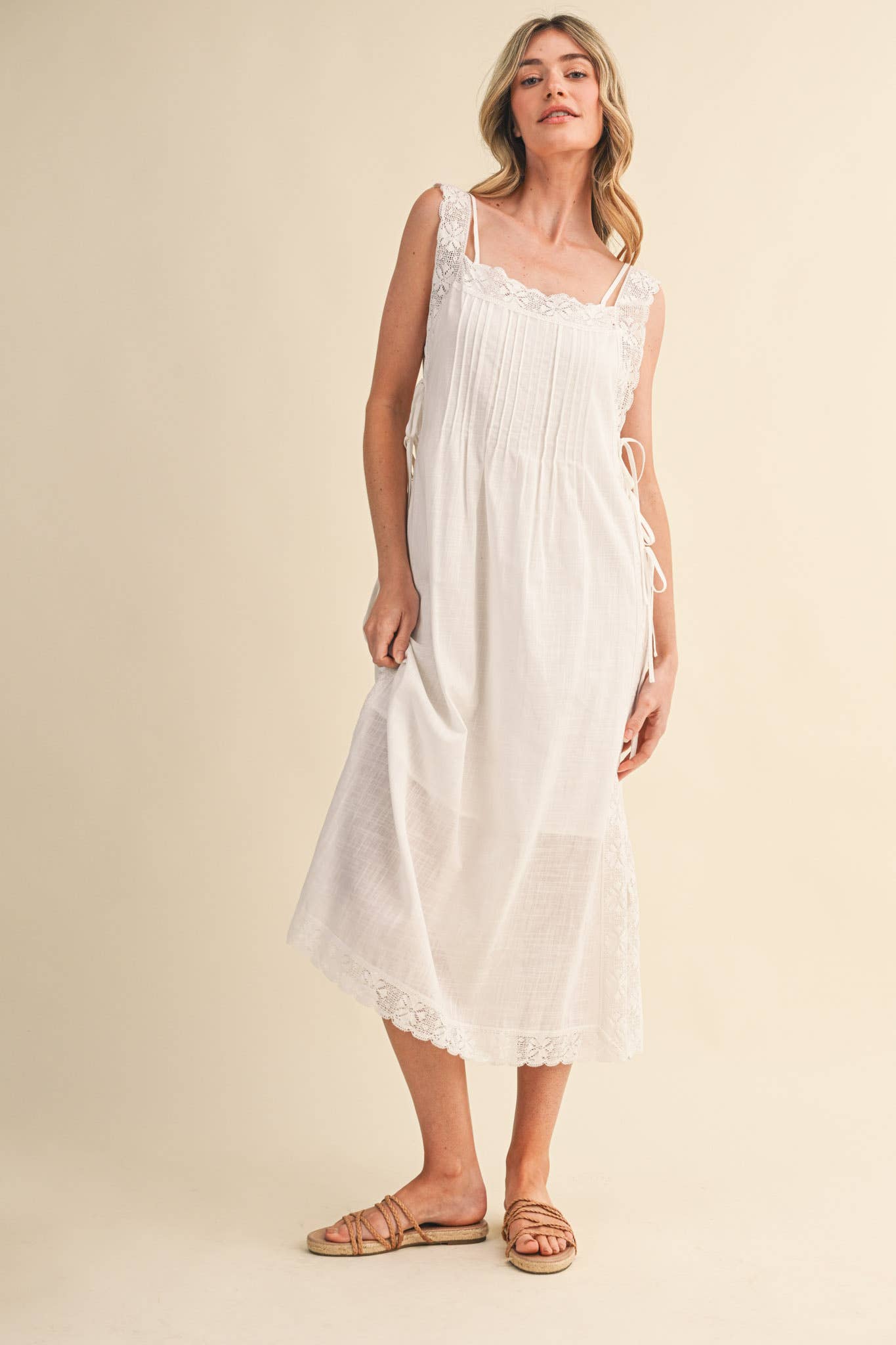 COTTON LACE TRIM SIDE TYING MIDI DRESS BLACK WHITE