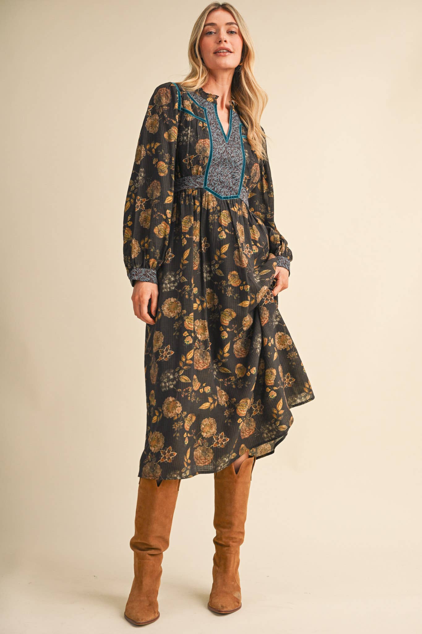 FLORAL PRINT CONTRAST VELVET TRIM MIDI DRESS MDR5304