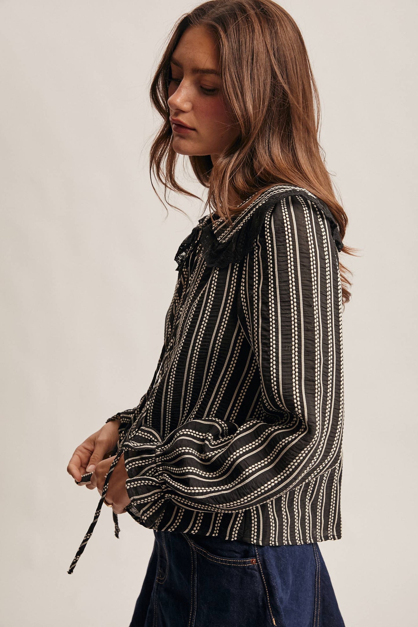 Embroidered Collar Textured Peter Pan Blouse