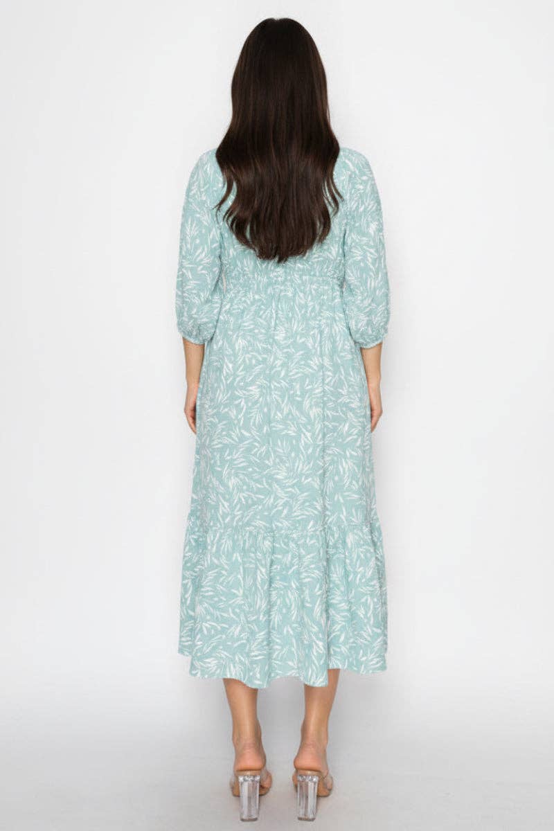 SQUARE NECKL 3/4 SLEEVES, MIDI DRESS