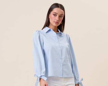 Blue Bow Sleeve Collar Blouse