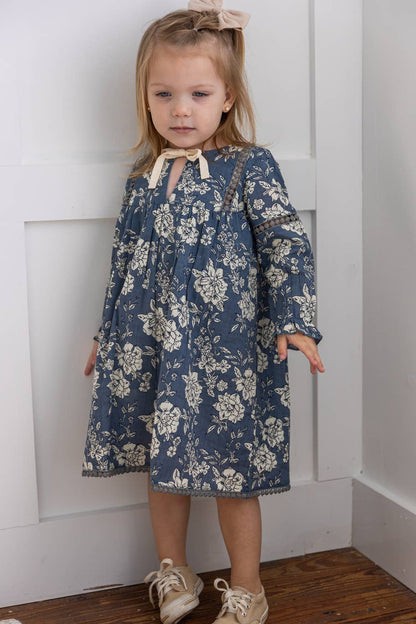 Grey Floral Printed Front & Bottom Lace Long Sleeves Gather Dress