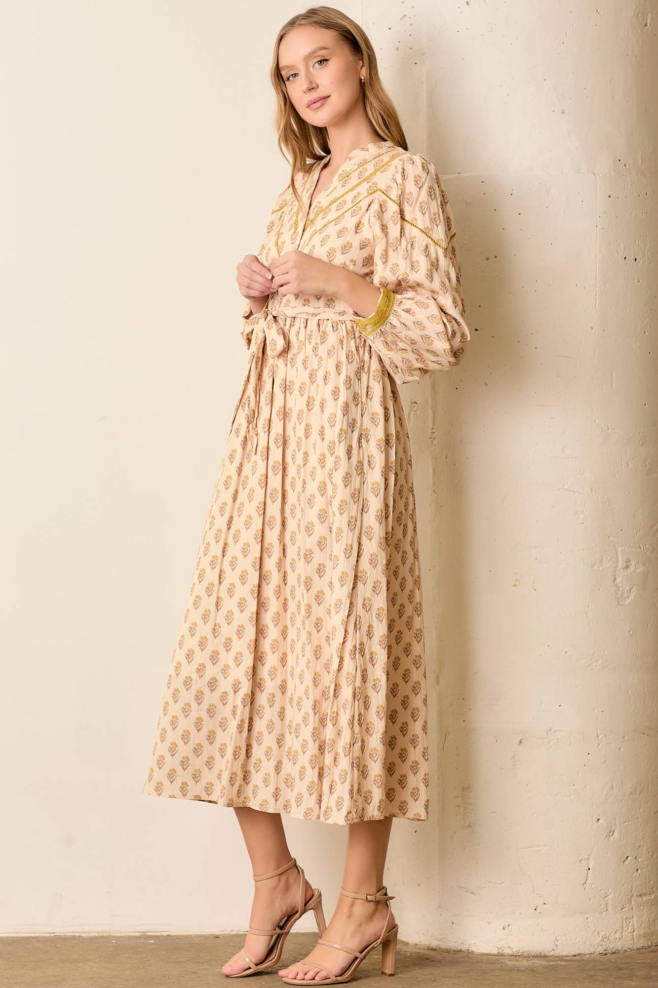 V Neck Button Down Mustard Pink Midi Dress