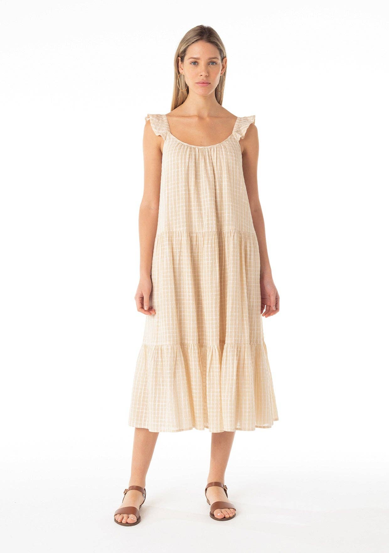 Plaid Ruffled Strap Scoop Neck Tiered Midi Dress