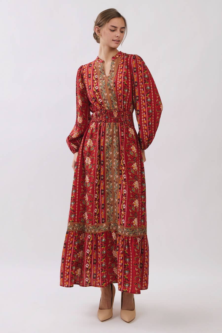 Red Multi Color V Neck Floral Border Print Tiered Midi Dress