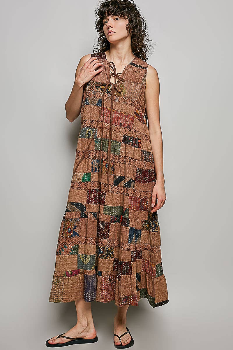 V-neck Lace Trim Patchwork Boho Sleeveless Roomy Pol Fit Dress