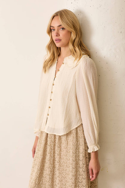LONG SLEEVE BUTTON UP W ROUND COLLAR CREAM BLACK MULTI COLORS