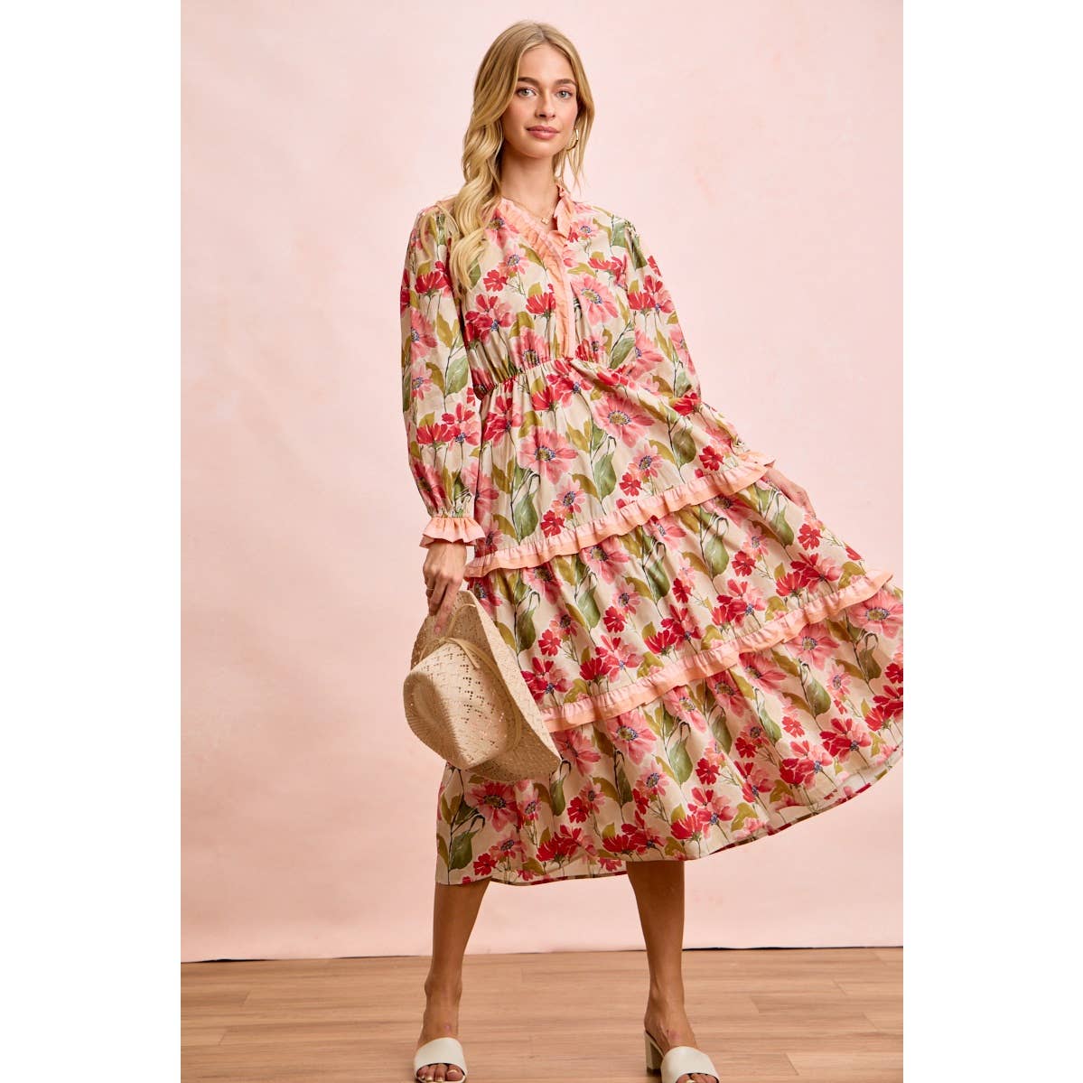 FLORAL PRINT MIDI DRESS WITH RUFFLE SCALLOP EDGE DETAILS