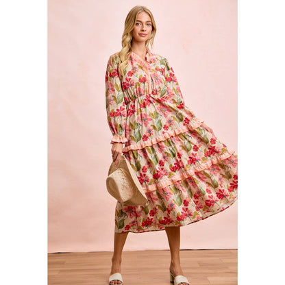 FLORAL PRINT MIDI DRESS WITH RUFFLE SCALLOP EDGE DETAILS