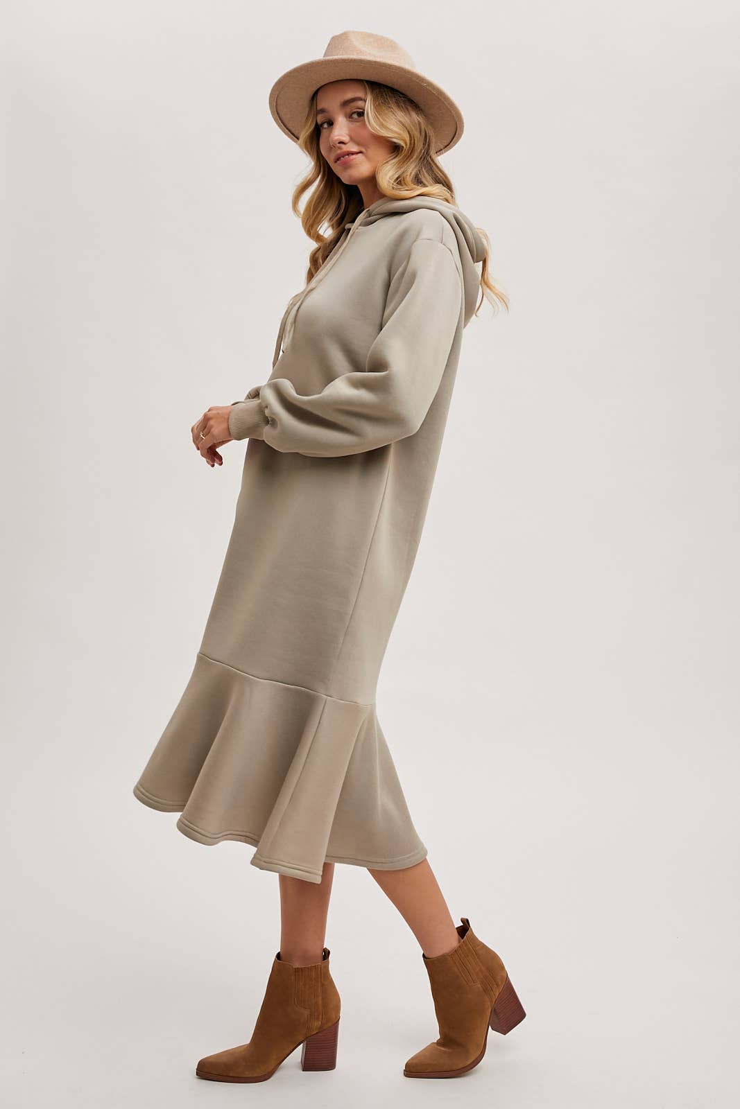 FLOUNCE HEM HOODIE SWEATSHIRT MIDI DRESS