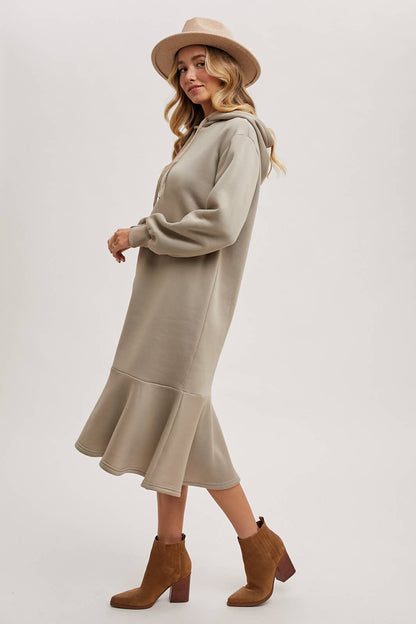 FLOUNCE HEM HOODIE SWEATSHIRT MIDI DRESS