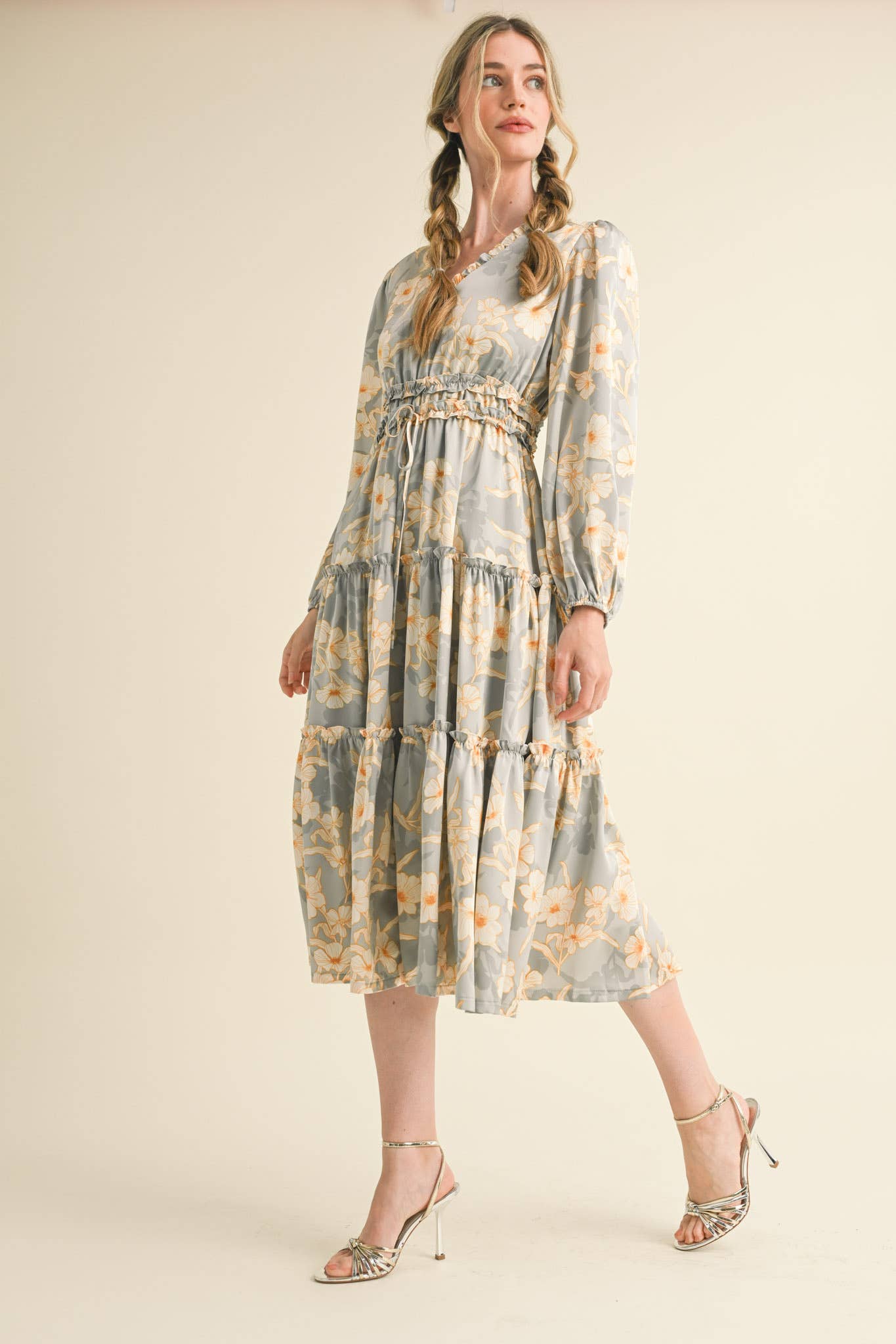 EXCLUSIVE PRINT RUFFLE TRIM FLORAL MIDI DRESS Silver Champagne