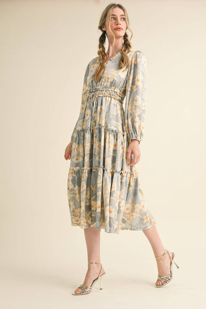 EXCLUSIVE PRINT RUFFLE TRIM FLORAL MIDI DRESS Silver Champagne