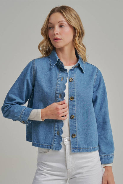 FALL DENIM BUTTON DOWN JACKET WITH SCALLOP EMBROIDERY COLLAR